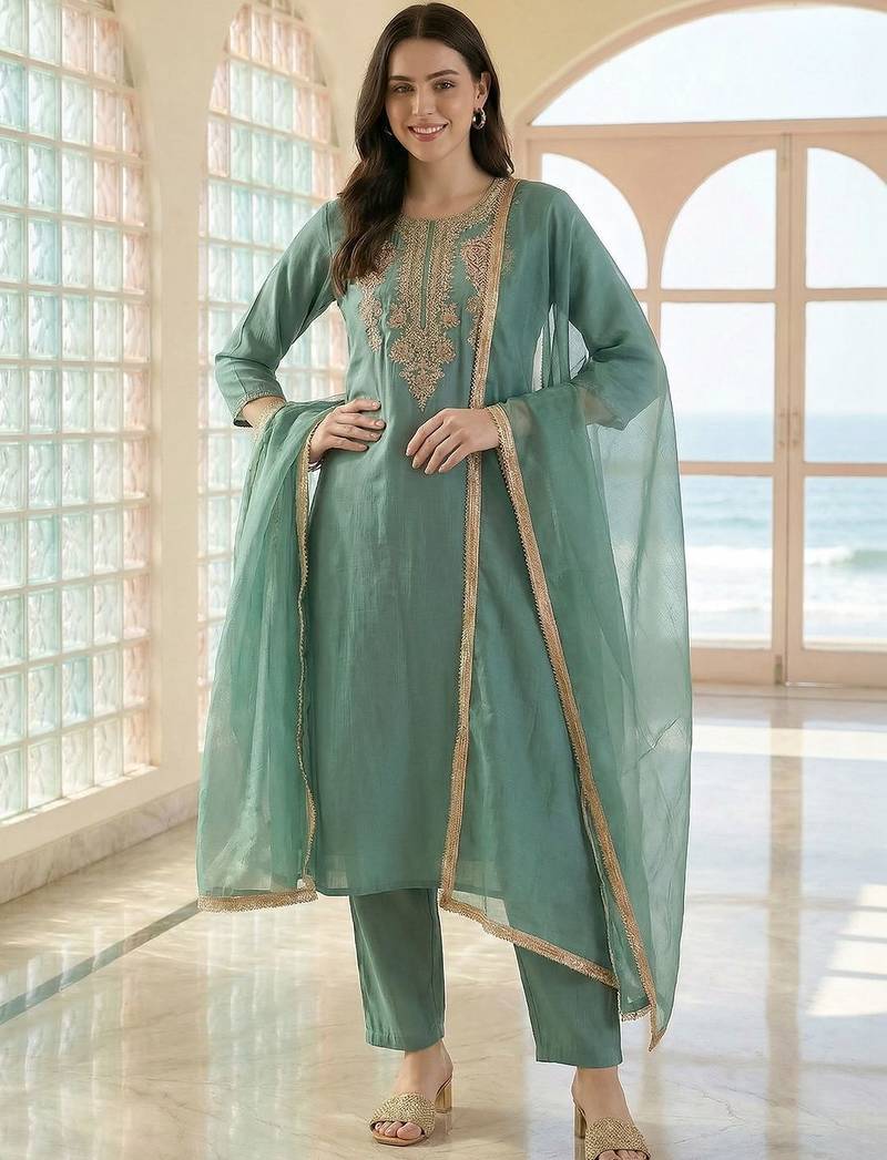 Women Ethnic Motifs Embroidered Regular Thread Work Kurta with Trousers & With Dupatta
