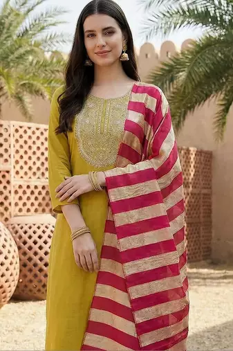 Women Embroidered Regular Thread Work Kurta with Trousers & With Dupatta