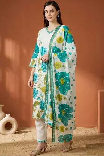 Women Floral Printed Regular Pure Cotton Kurta with Trousers & With Dupatta