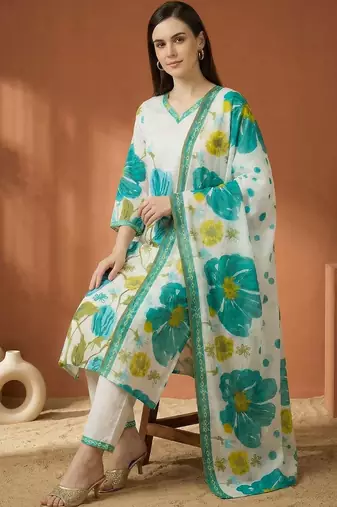 Women Floral Printed Regular Pure Cotton Kurta with Trousers & With Dupatta