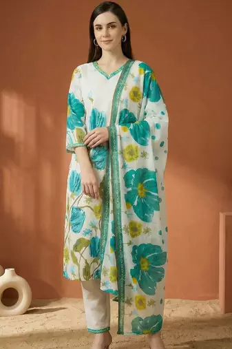 Women Floral Printed Regular Pure Cotton Kurta with Trousers & With Dupatta