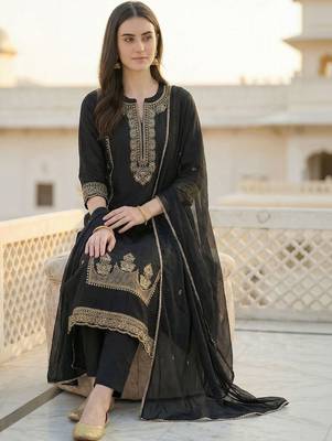 Women Ethnic Motifs Embroidered Regular Kurta with Trousers & With Dupatta 4