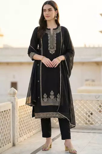 Women Ethnic Motifs Embroidered Regular Kurta with Trousers & With Dupatta