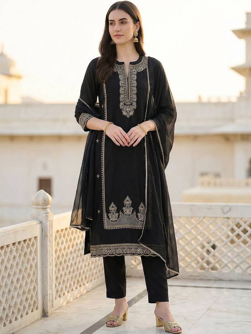 Women Ethnic Motifs Embroidered Regular Kurta with Trousers & With Dupatta