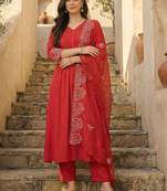 Women Ethnic Motifs Embroidered Pleated Thread Work Kurta with Trousers & With Dupatta
