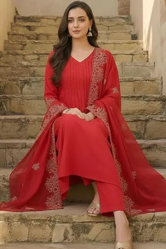 Women Ethnic Motifs Embroidered Pleated Thread Work Kurta with Trousers & With Dupatta