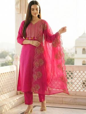Women Ethnic Motifs Embroidered Regular Thread Work Pure Cotton Kurta with Trousers & With Dupatta 1