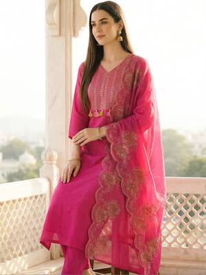 Women Ethnic Motifs Embroidered Regular Thread Work Pure Cotton Kurta with Trousers & With Dupatta 2