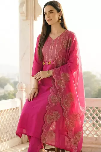 Women Ethnic Motifs Embroidered Regular Thread Work Pure Cotton Kurta with Trousers & With Dupatta