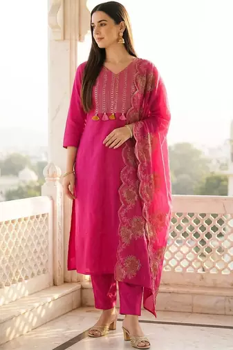 Women Ethnic Motifs Embroidered Regular Thread Work Pure Cotton Kurta with Trousers & With Dupatta