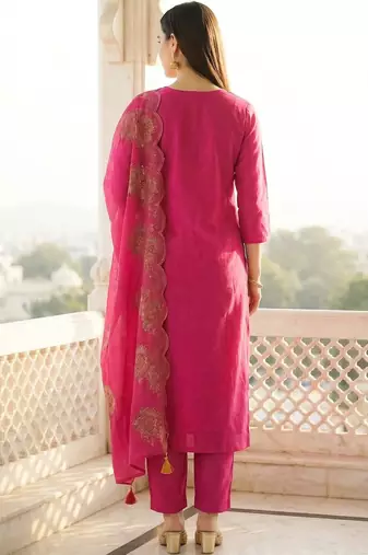 Women Ethnic Motifs Embroidered Regular Thread Work Pure Cotton Kurta with Trousers & With Dupatta
