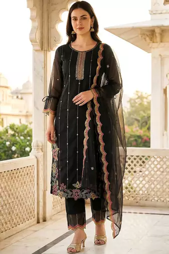 Women Ethnic Motifs Embroidered Regular Thread Work Kurta with Trousers & With Dupatta