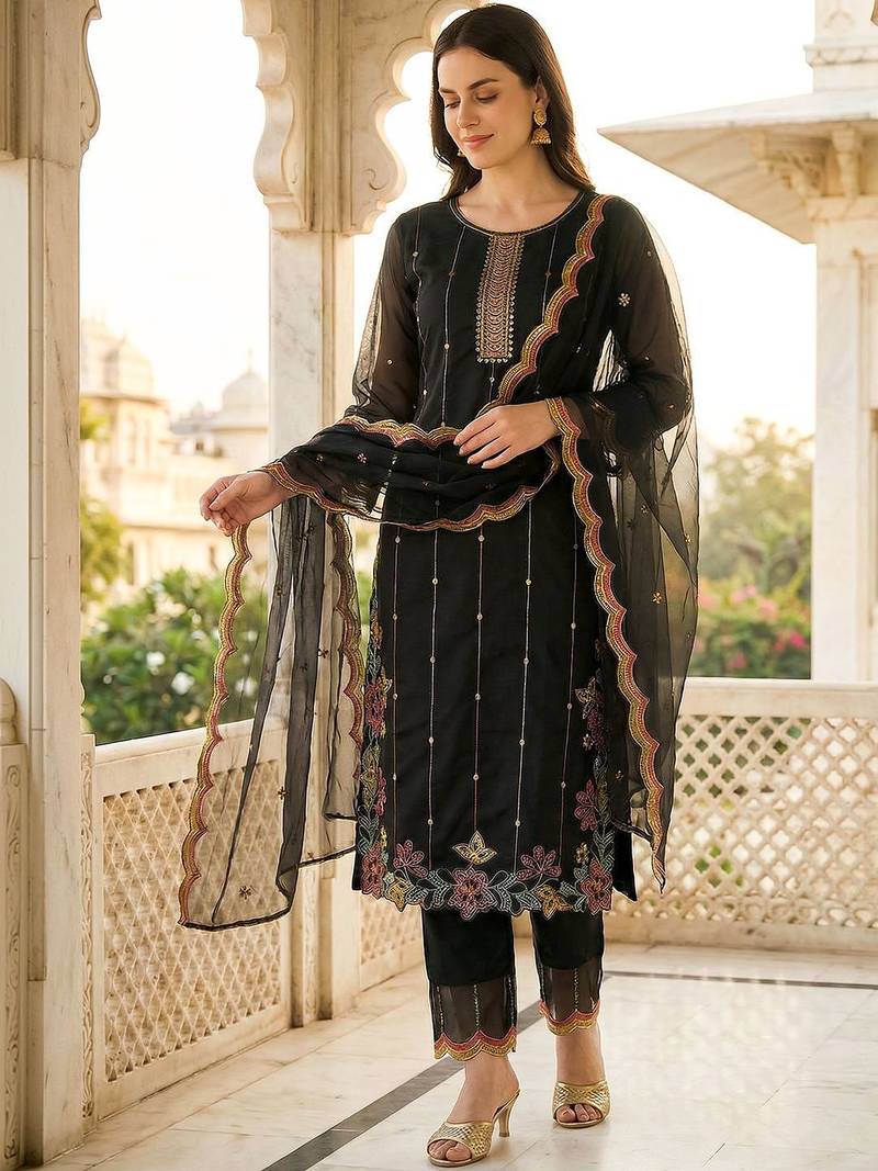 Women Ethnic Motifs Embroidered Regular Thread Work Kurta with Trousers & With Dupatta