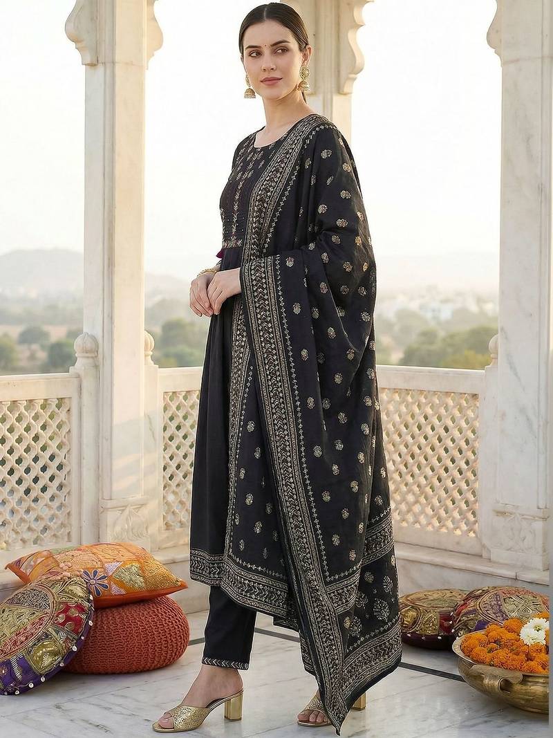 Women Ethnic Motifs Printed Panelled Thread Work Pure Cotton Kurta with Trousers & With Dupatta