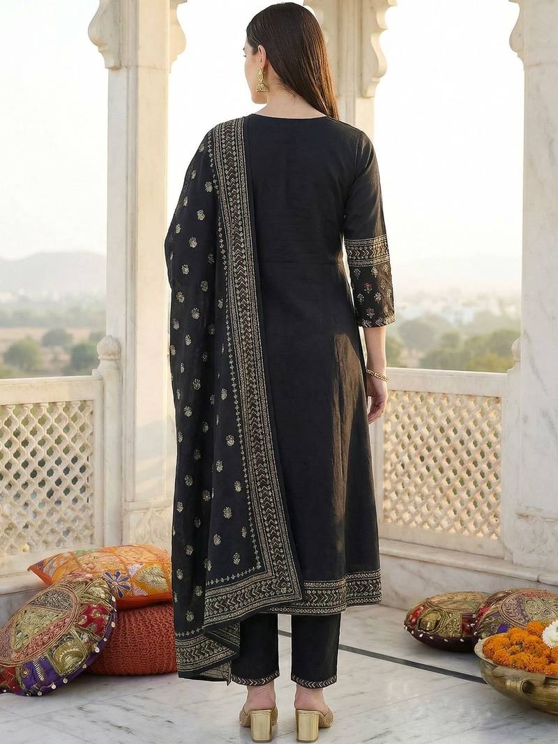 Women Ethnic Motifs Printed Panelled Thread Work Pure Cotton Kurta with Trousers & With Dupatta