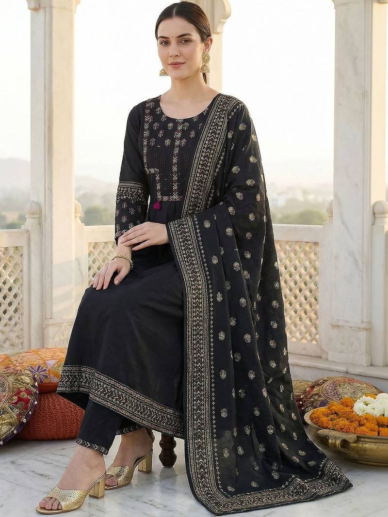Women Ethnic Motifs Printed Panelled Thread Work Pure Cotton Kurta with Trousers & With Dupatta