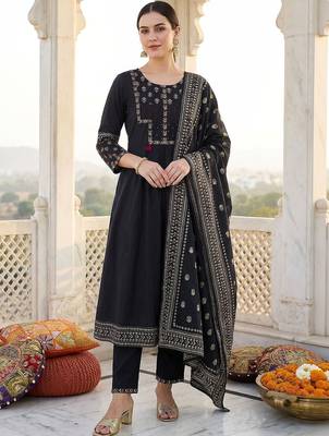 Women Ethnic Motifs Printed Panelled Thread Work Pure Cotton Kurta with Trousers & With Dupatta 5