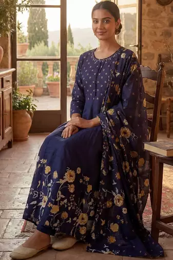 Women Floral Printed Pleated Pure Cotton Kurta with Trousers & With Dupatta
