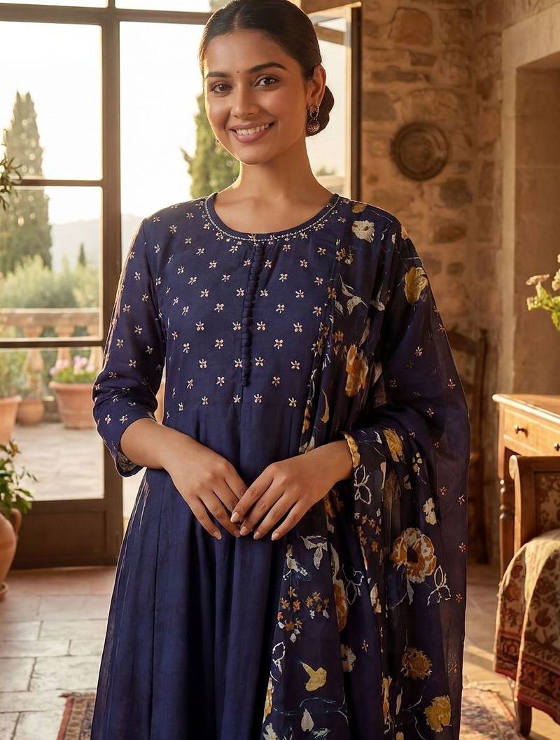 Women Floral Printed Pleated Pure Cotton Kurta with Trousers & With Dupatta