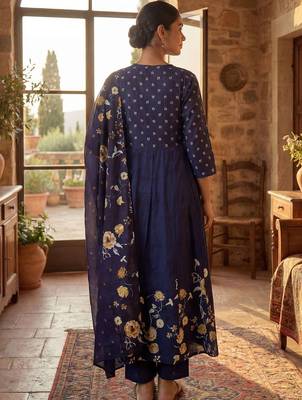 Women Floral Printed Pleated Pure Cotton Kurta with Trousers & With Dupatta 5