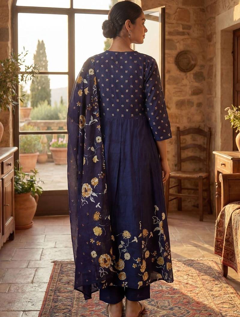 Women Floral Printed Pleated Pure Cotton Kurta with Trousers & With Dupatta