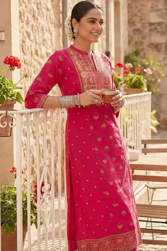 Women Ethnic Motifs Printed Regular Thread Work Pure Cotton Kurta with Trousers