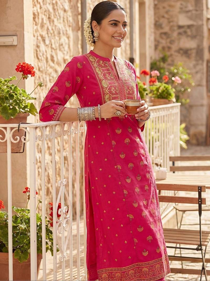 Women Ethnic Motifs Printed Regular Thread Work Pure Cotton Kurta with Trousers