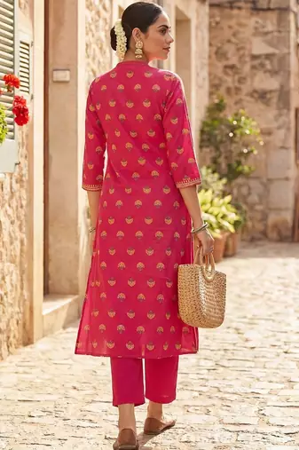 Women Ethnic Motifs Printed Regular Thread Work Pure Cotton Kurta with Trousers