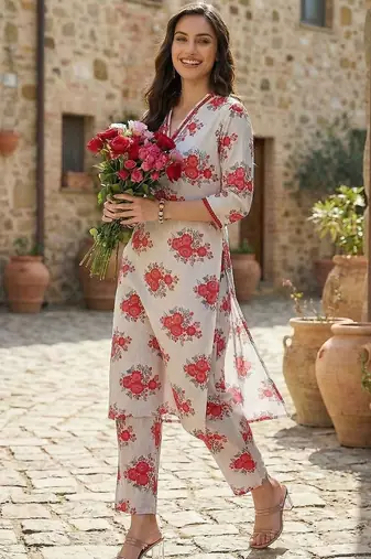 Women Floral Printed Regular Pure Cotton Kurta with Trousers