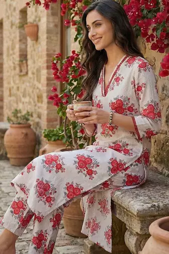 Women Floral Printed Regular Pure Cotton Kurta with Trousers