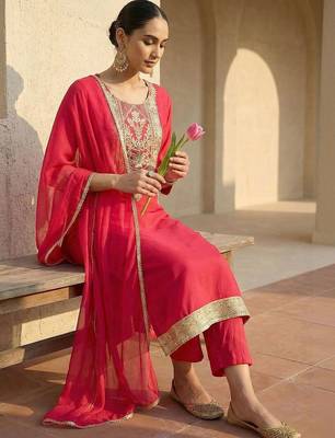 Women Ethnic Motifs Embroidered Regular Thread Work Kurta with Trousers & With Dupatta 1