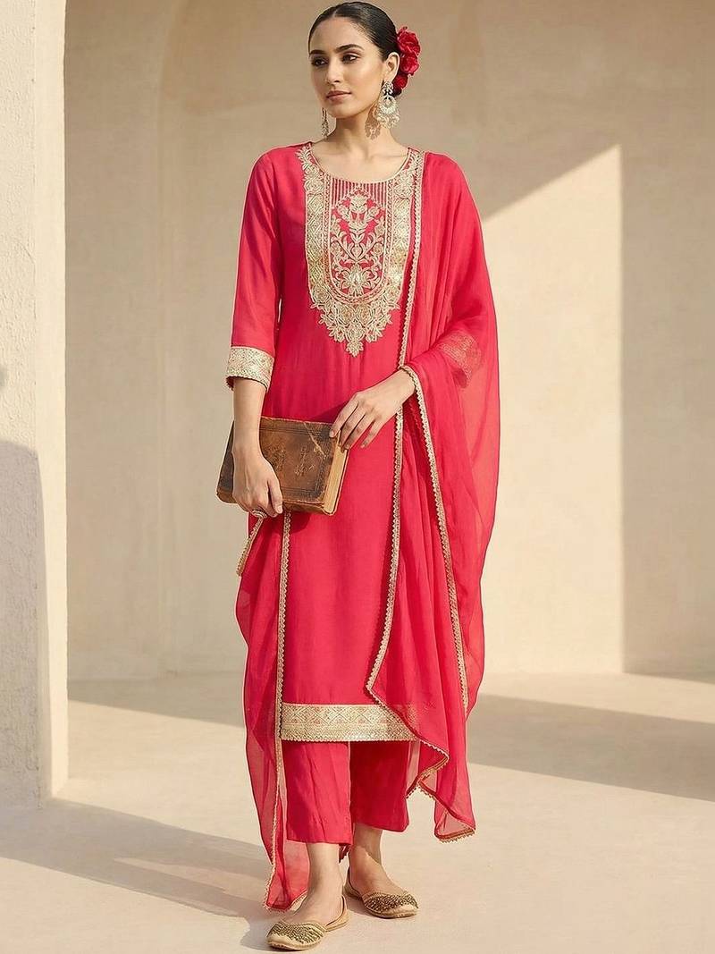Women Ethnic Motifs Embroidered Regular Thread Work Kurta with Trousers & With Dupatta