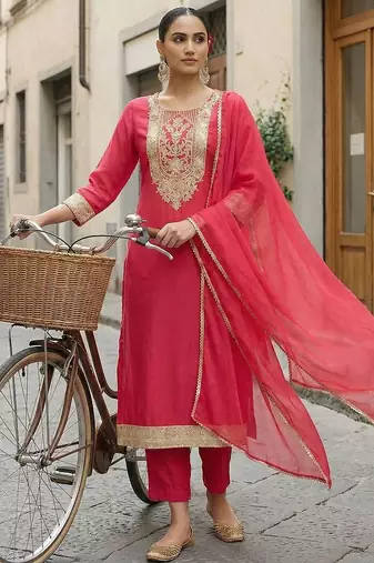 Women Ethnic Motifs Embroidered Regular Thread Work Kurta with Trousers & With Dupatta