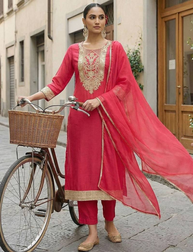 Women Ethnic Motifs Embroidered Regular Thread Work Kurta with Trousers & With Dupatta