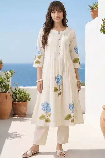 Women Floral Printed Pleated Pure Cotton Kurta with Trousers