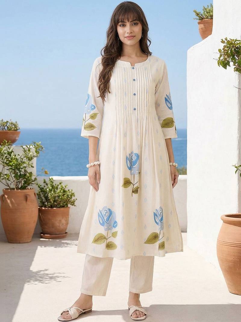 Women Floral Printed Pleated Pure Cotton Kurta with Trousers