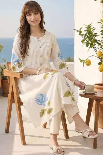 Women Floral Printed Pleated Pure Cotton Kurta with Trousers