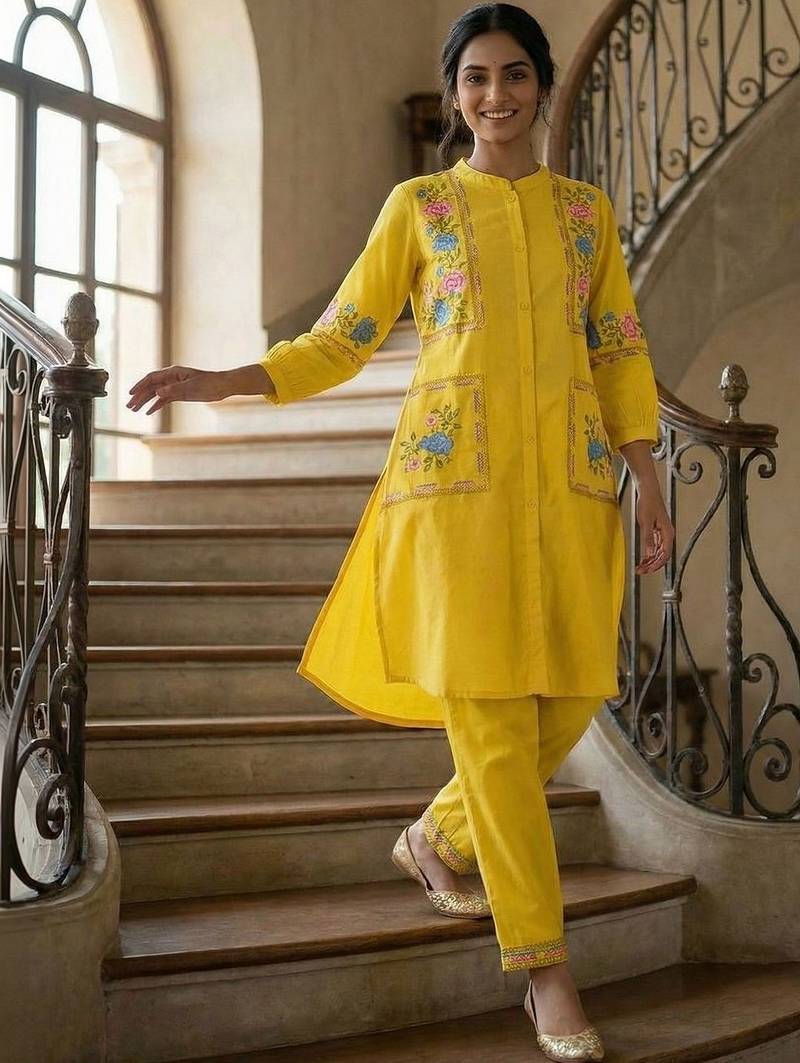 Women Floral Embroidered Regular Thread Work Kurta with Trousers