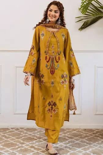 Women Ethnic Motifs Embroidered Regular Thread Work Kurta with Trousers & With Dupatta