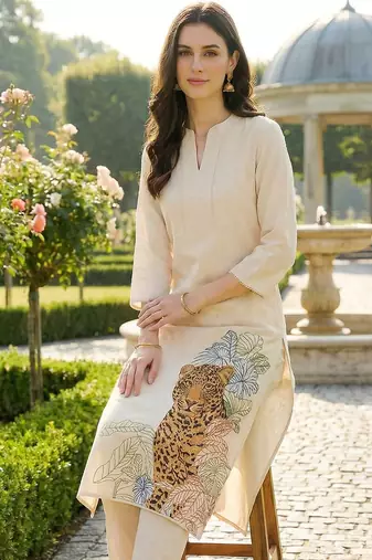 Women Animal Printed Regular Thread Work Pure Cotton Kurta with Trousers