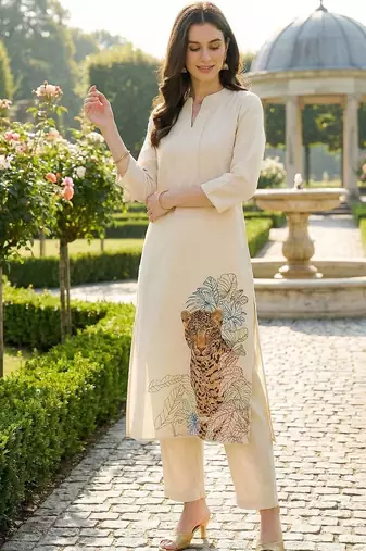 Women Animal Printed Regular Thread Work Pure Cotton Kurta with Trousers