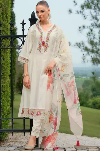 Women Floral Embroidered Regular Thread Work Kurta with Trousers & With Dupatta