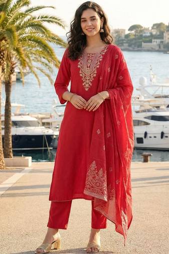 Women Ethnic Motifs Embroidered Regular Thread Work Kurta with Trousers & With Dupatta