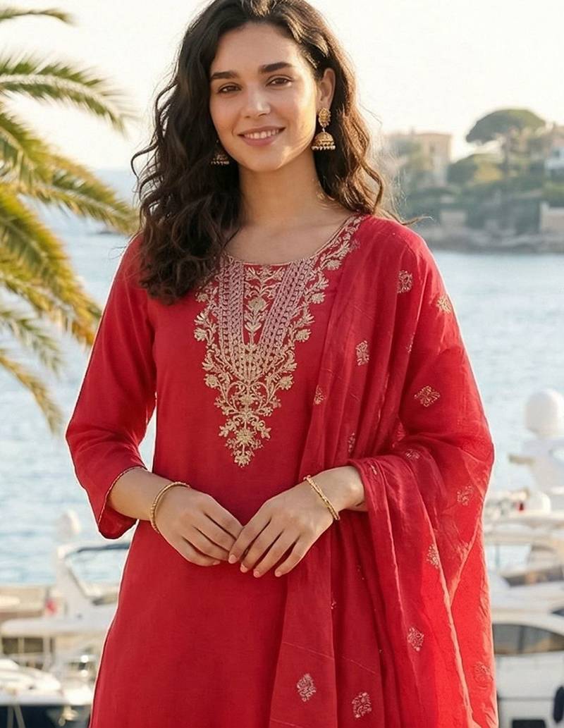 Women Ethnic Motifs Embroidered Regular Thread Work Kurta with Trousers & With Dupatta