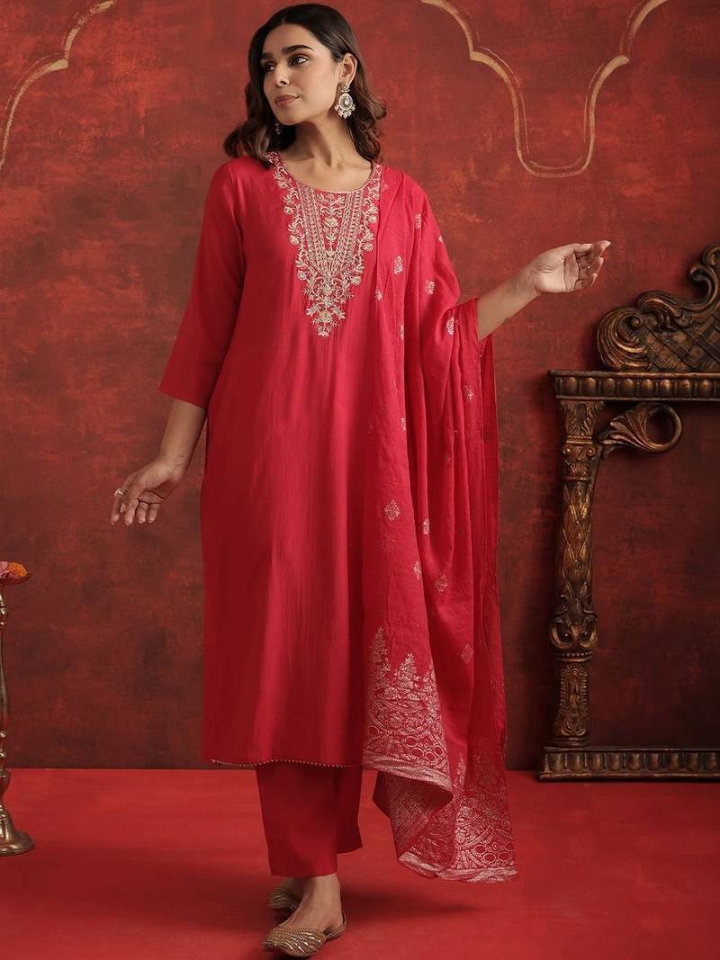 Women Ethnic Motifs Embroidered Regular Thread Work Kurta with Trousers & With Dupatta