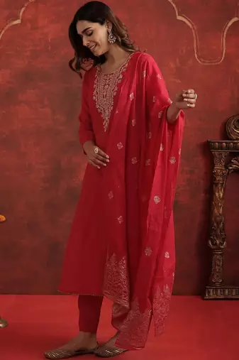 Women Ethnic Motifs Embroidered Regular Thread Work Kurta with Trousers & With Dupatta