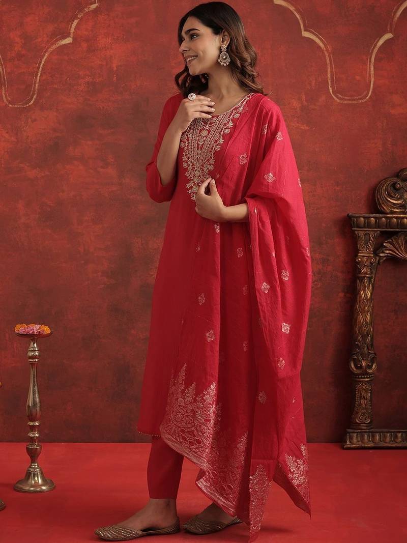 Women Ethnic Motifs Embroidered Regular Thread Work Kurta with Trousers & With Dupatta