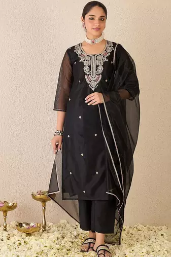 Women Ethnic Motifs Embroidered Regular Thread Work Kurta with Trousers & With Dupatta