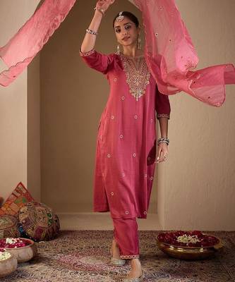Women Ethnic Motifs Embroidered Regular Thread Work Kurta with Trousers & With Dupatta 1