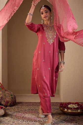 Women Ethnic Motifs Embroidered Regular Thread Work Kurta with Trousers & With Dupatta